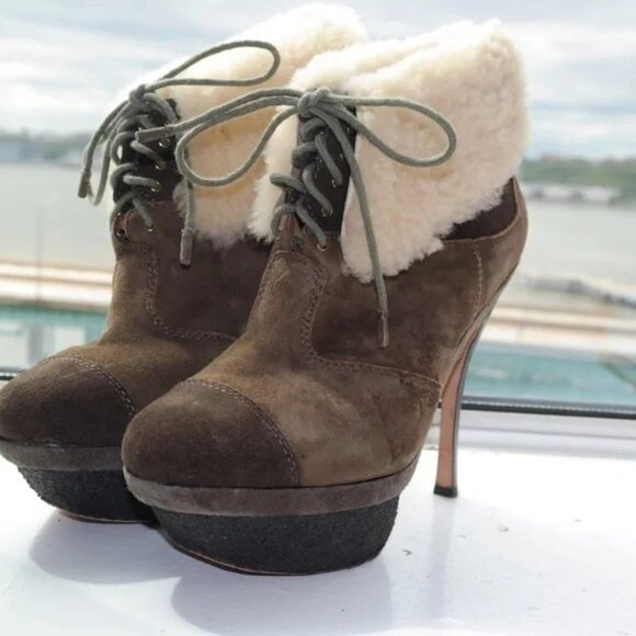 L.A.M.B. Brown Suede Shearling-Lined Platform Ankle Boots Size 7 - Picture 12 of 16
